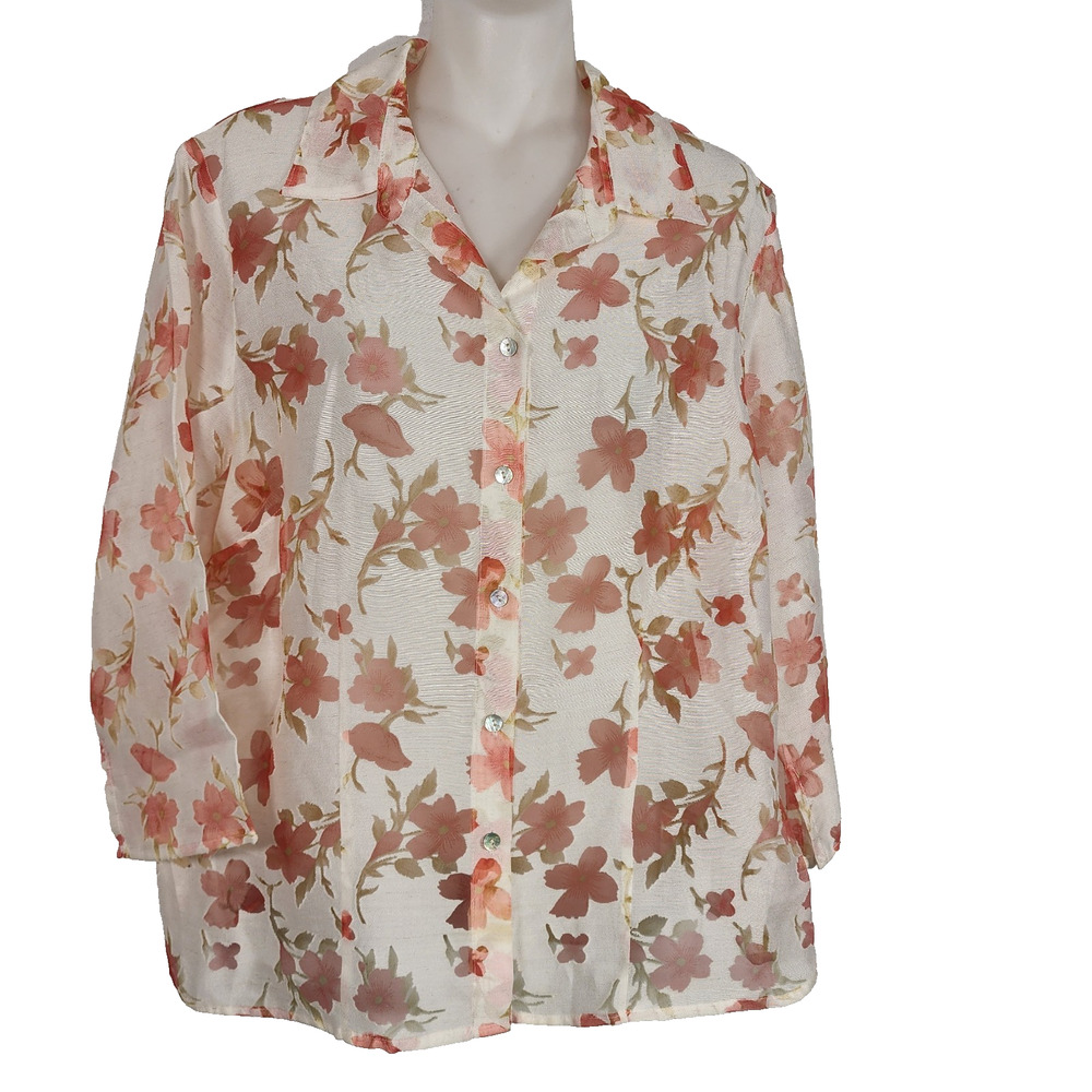 Notations Womens Button Shirt Large Floral Mesh Burnout Linen Blend 3/4 Sleeve